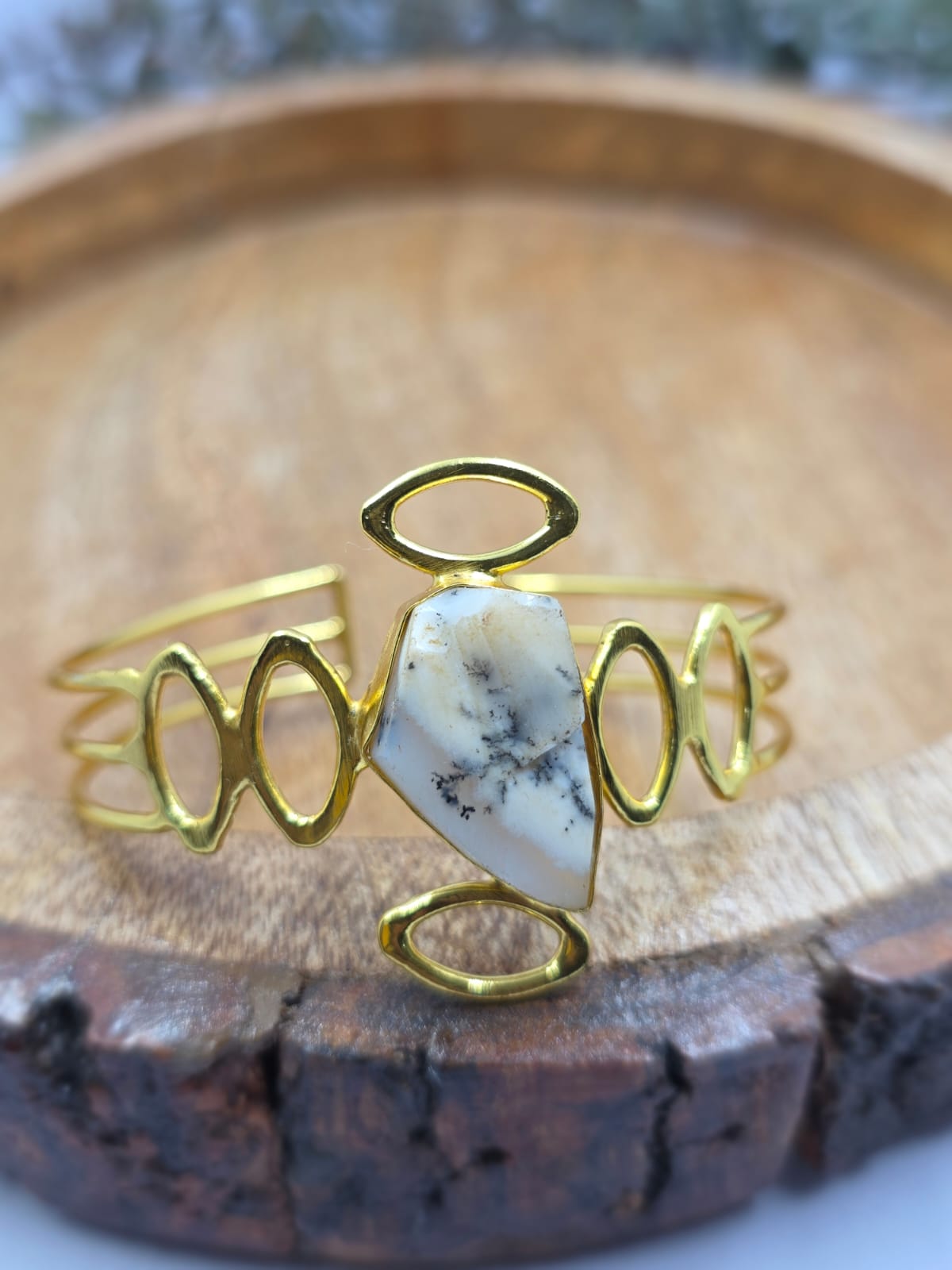 Elara Gold-Plated Sculptural Cuff Bracelet with Natural Stone Accent for Women - Occasion Wear_Dendrite Opal