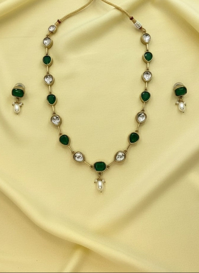 Gold Plated Crystal Stone and Beads Long Necklace Set for Women - All Occasions