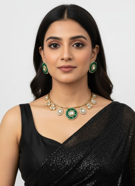 Ethnic Fusion Gold Plated Polki Hasli Set with Green Octagon Accents for Women - Statement Wear