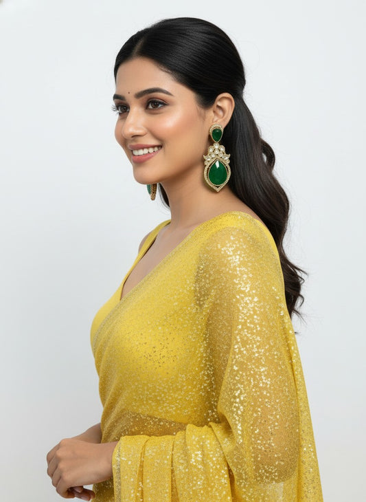 Handcrafted Gold Plated Kundan Earrings with Green Teardrop Stones