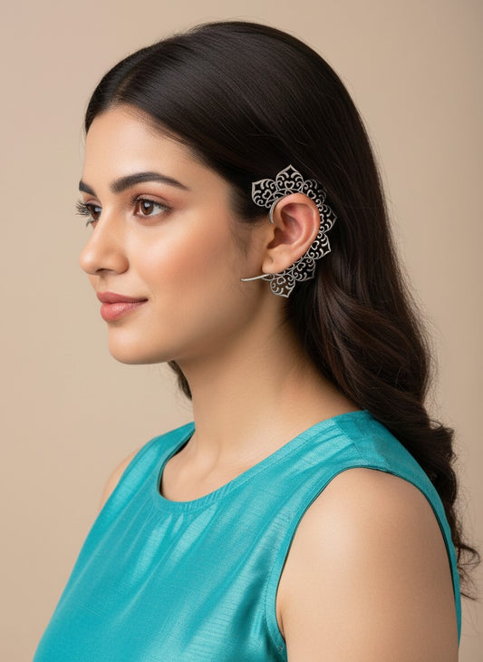 Filigree Floral Silver Oxidized Non-Pierced Ear Cuff for Women - Casual Wear