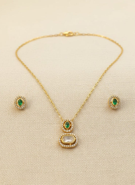 Gold-Plated Polki & Emerald Accent Minimal Pendant Neckchain Set for Women - Everyday Wear