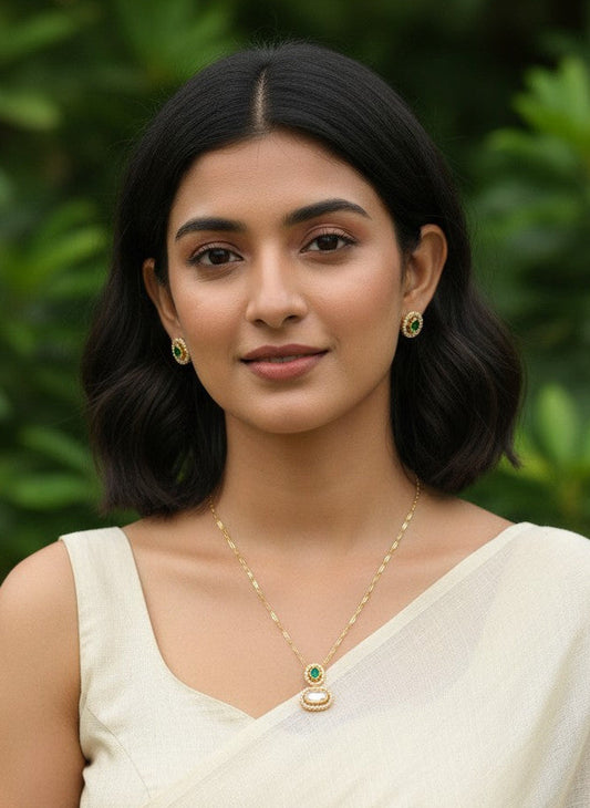 Gold-Plated Polki & Emerald Accent Minimal Pendant Neckchain Set for Women - Everyday Wear