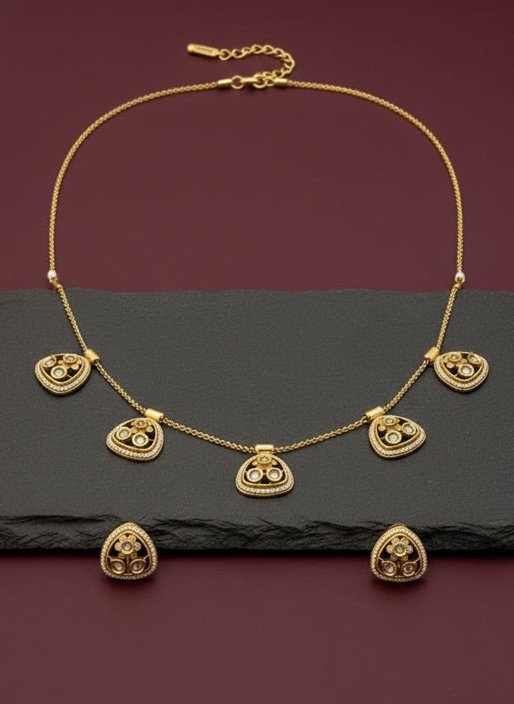 Gold-Plated Polki & Pearl Geometric Motif Necklace Set for Women - Festive Wear