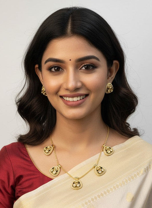 Gold-Plated Polki & Pearl Geometric Motif Necklace Set for Women - Festive Wear