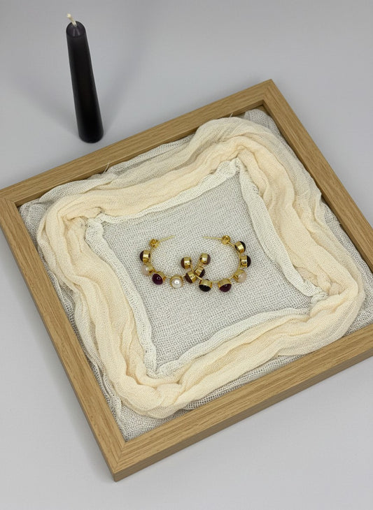 Gold Bezel Multi-Natural Stone Half Hoop Earrings for Women - Casual Chic Wear