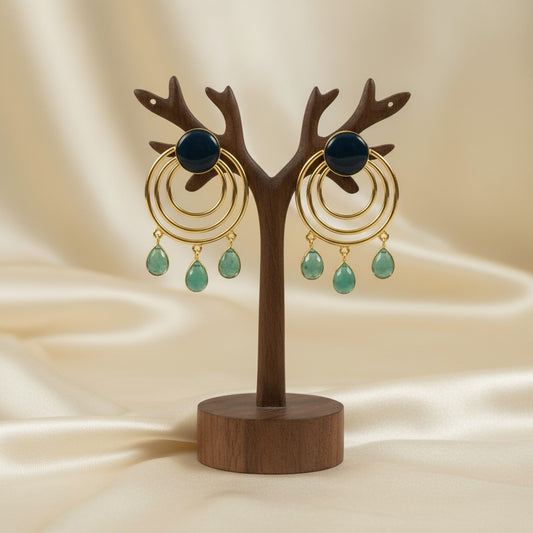 Gold Plated Circular Dangler with Dark Blue Mint Monalisa Stones Earrings for Women - Chic Western Wear