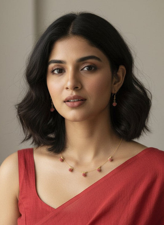 Gold Plated Dainty Invisible Chain Ruby Drop Necklace Set for Women - Everyday Wear