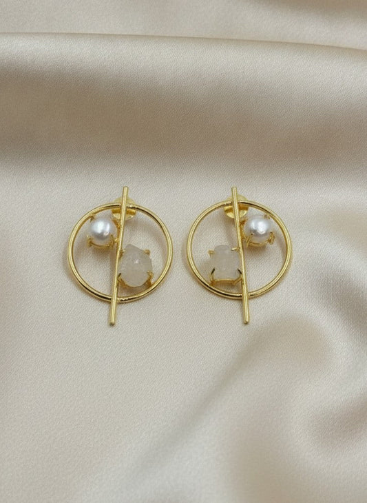 Gold Plated Pearl & Natural Raw Stone Geometric Circle Stud Earrings for Women - Chic Western