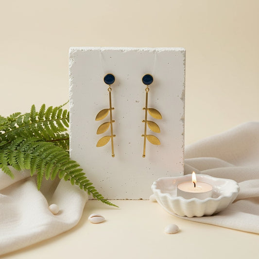 Gold Plated Trendy Leaf Danglers with Blue Monalisa Stone for Women - Chic Western Wear