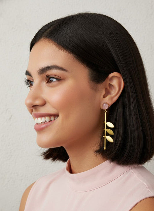 Trendy Gold Plated Leaf Pattern Dangler Earrings with Monalisa Stones in Pink for Women