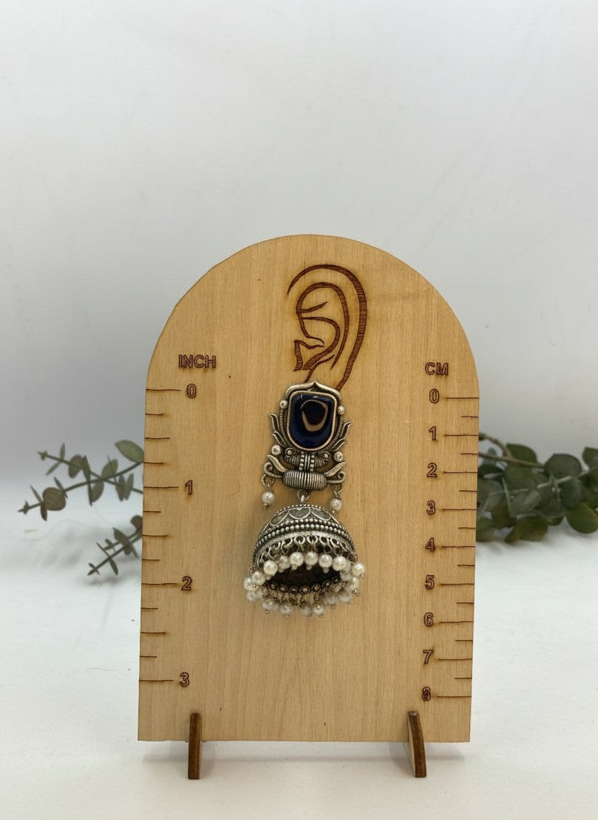 Silver Oxidized Blue Stone Jhumka Earrings with Pearl Drops for Women - All Occasions