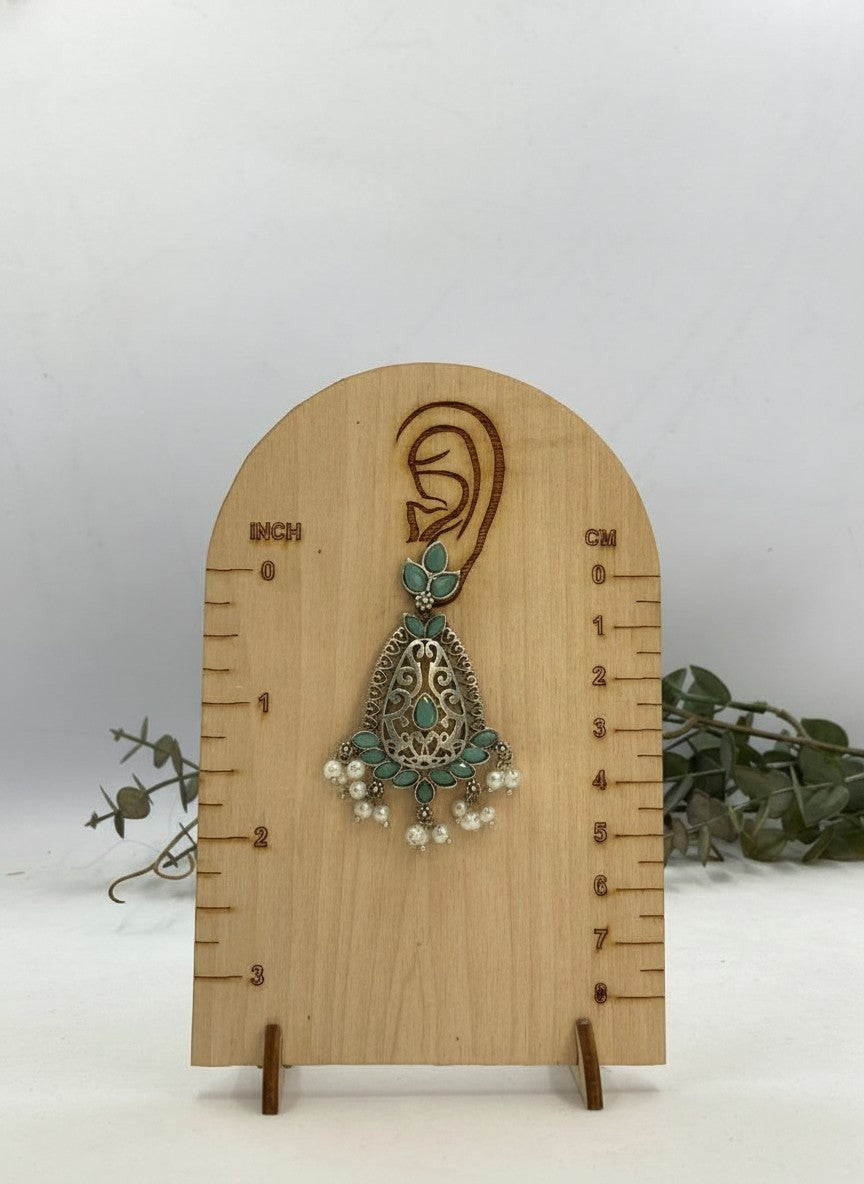 Silver Oxidized Filigree Teardrop Earrings with Mint Stones & Pearl Drops for Women - Festive Wear