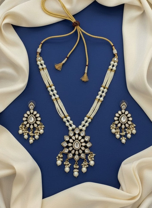 Ethnic Pearl beaded Gold Plated Necklace Set with Polki Stones Kundan Work for Women - Festive Wear