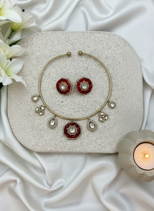 Red Octagon Kundan Jewelry Set – Choker with Matching Studs