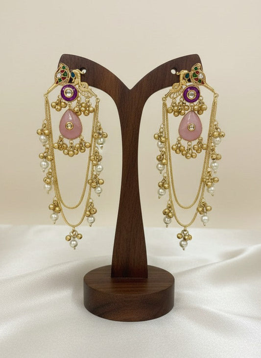 Handcrafted Gold plated Kashmiri Earrings with dangling Pearl and Kundan adornments