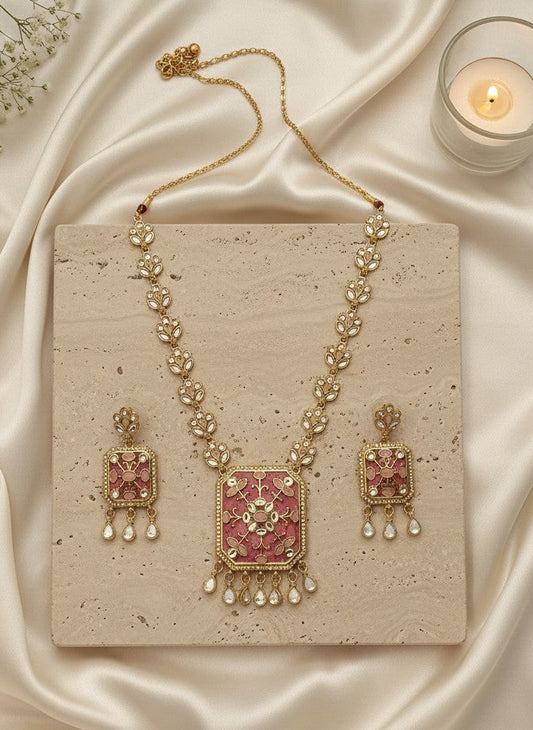 Light Ruby Enamel Polki Necklace & Earring Set with Drop Detailing for Women - Festive Baraati Wear