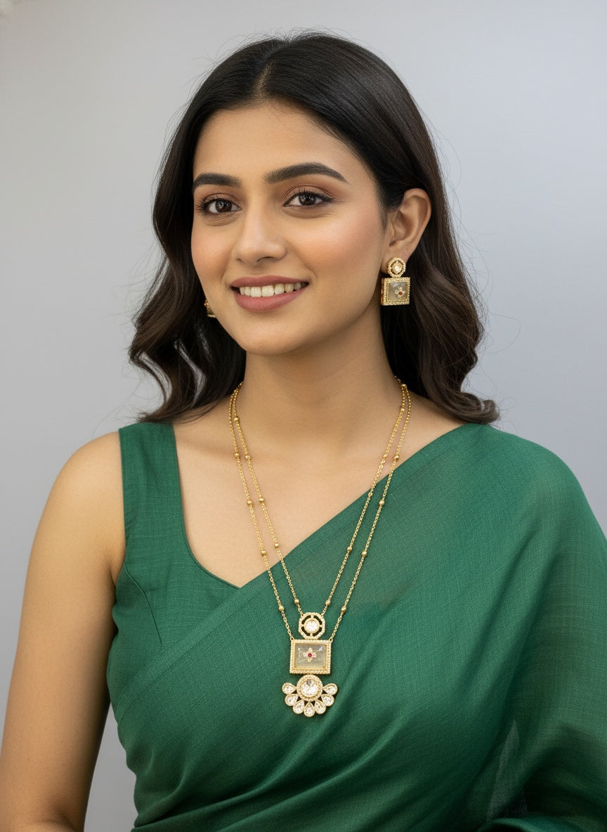 Classic Polki Kundan 2 line gold plated Long Neck Chain Set with Earrings for Women