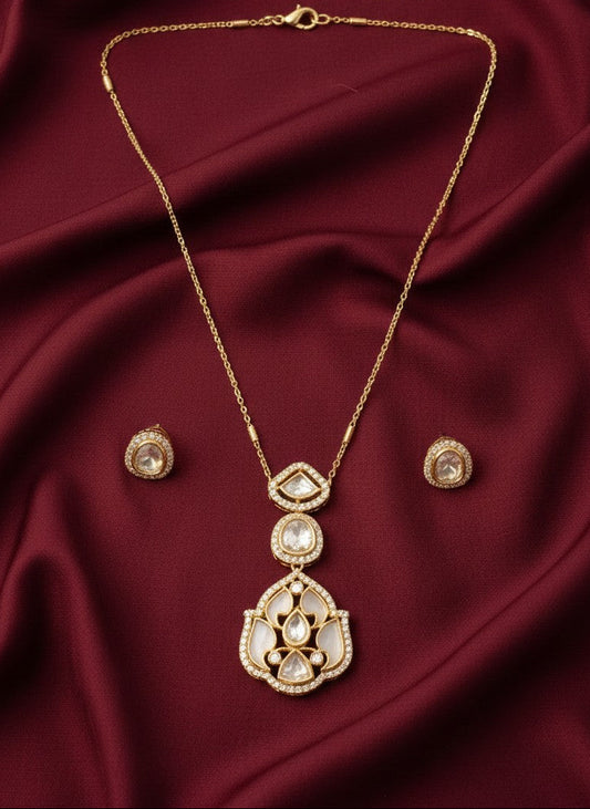 Mother of Pearl & Polki Style Pendant Necklace with Stud Earrings for Women - All Occasion wear