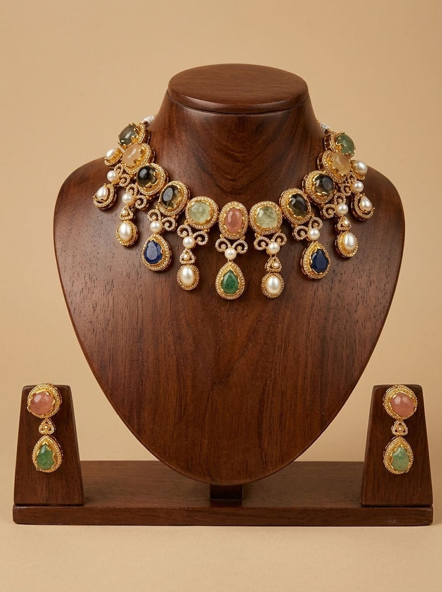 Tarangini Multicolour Natural Stones, Pearls & Polki Necklace Set for Women - Festive Wear Statement Piece