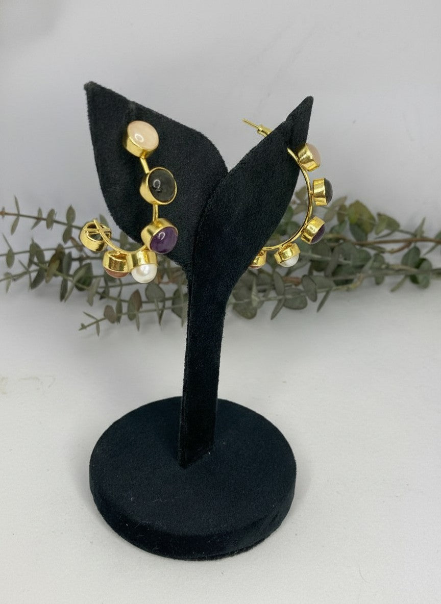 Gold Plated Bezel Multi-Natural Stone Half Hoop Earrings for Women - Casual Chic Wear
