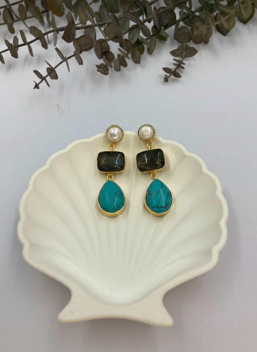 Natural Stones & Pearl Gold Drop Dangler Earrings for Women - Party & Special Occasion wear