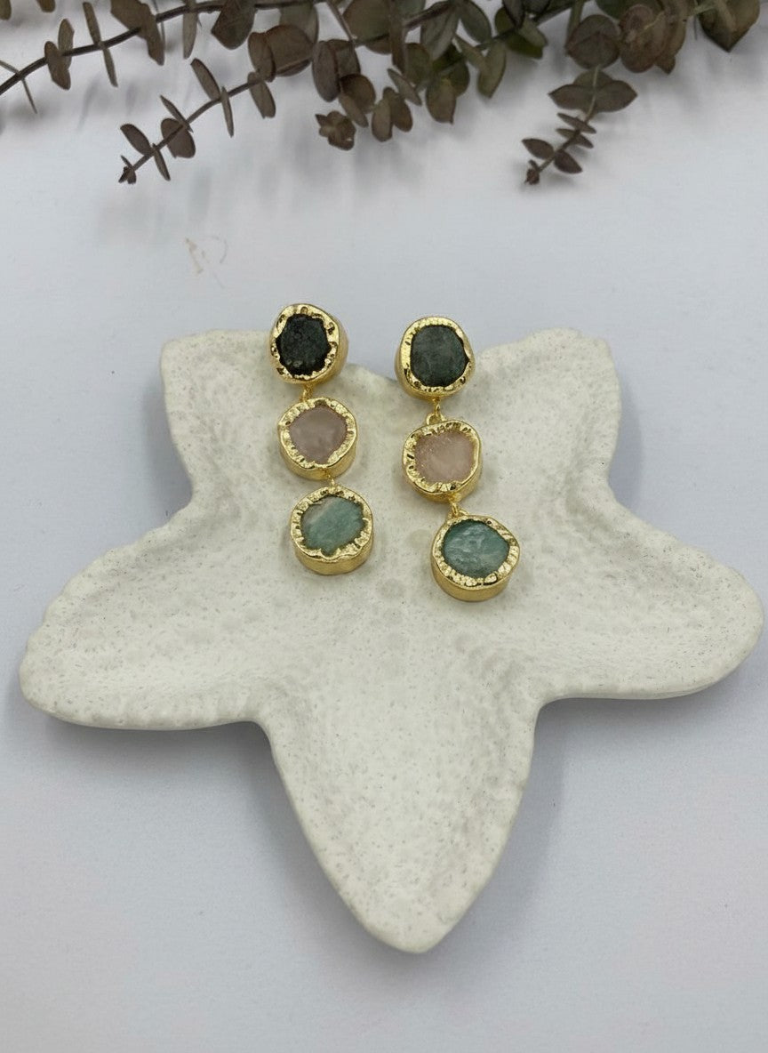 Trio Natural Stone Gold Statement Dangler Earrings for Women - All Occasion wear
