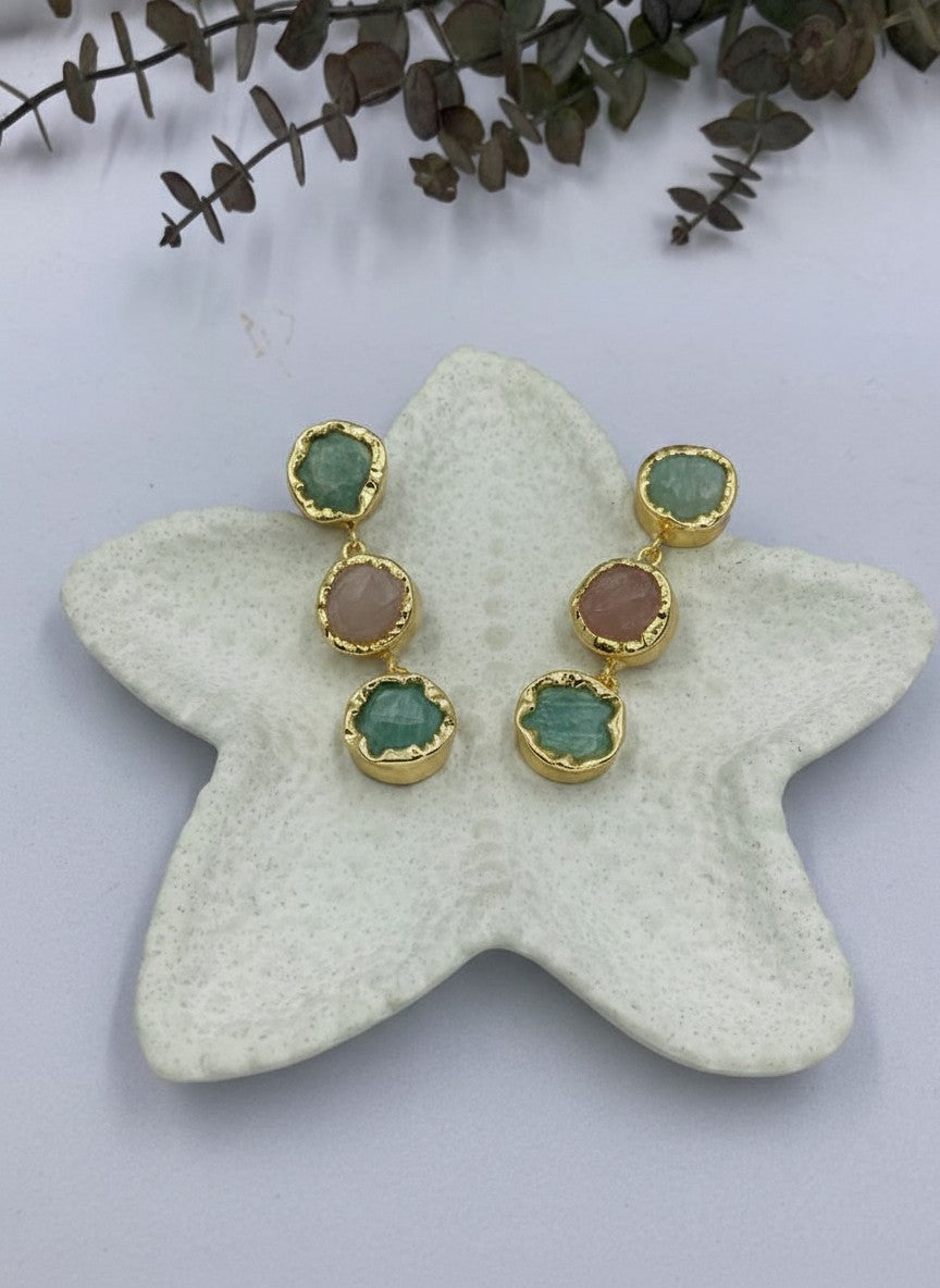 Trio Natural Stone Green Aventurine Gold Statement Dangler Earrings for Women - All Occasion wear