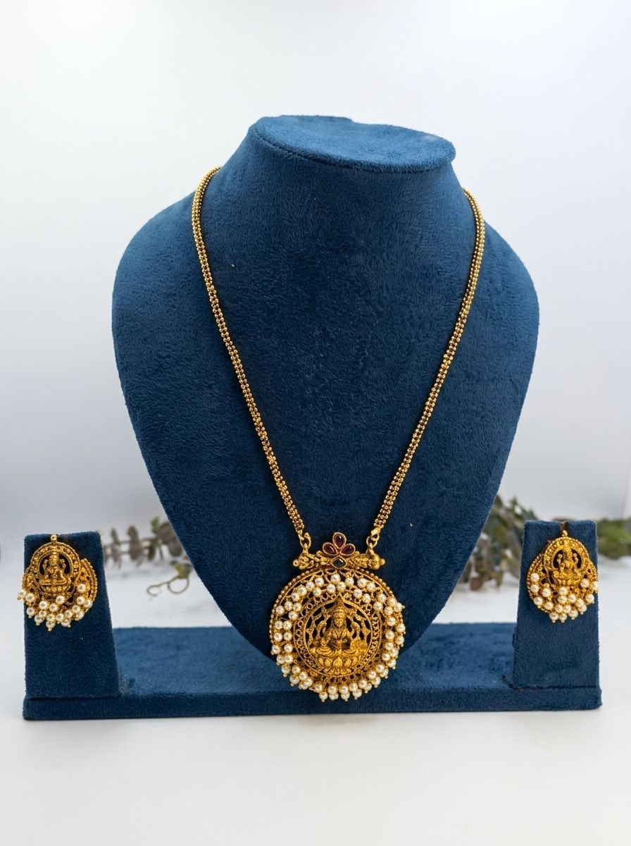 Padmavathi South Indian Inspired Antique Gold Lakshmi Medallion Necklace Set with Pearl Halo for Women - Minimal Festive Wear