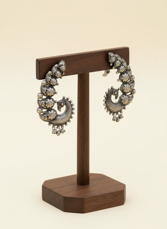 Peacock Motif Silver Oxidized Ear Cuff Earrings for Women - Special Occasions