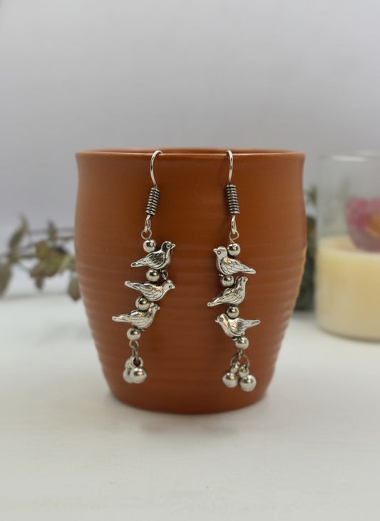 Silver Oxidized Bird Charm Dangler Hook Earrings for Women - Casual Wear