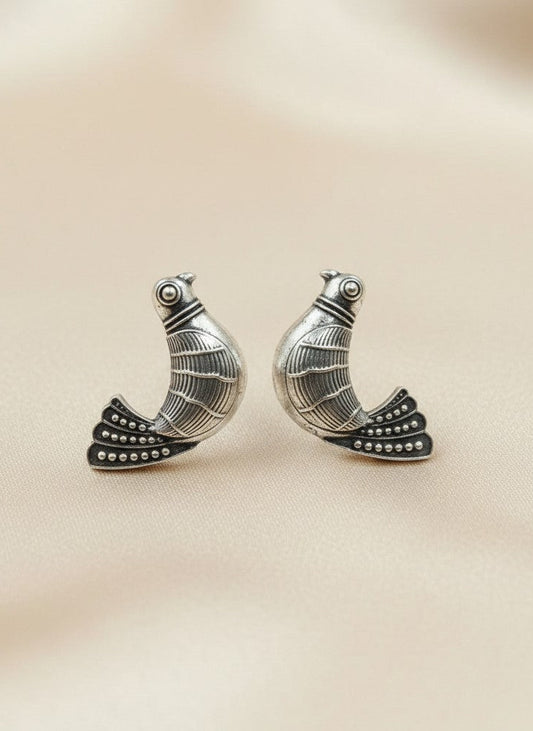 Silver Oxidized Bird Motif Statement Stud Earrings for Women - All Occasions