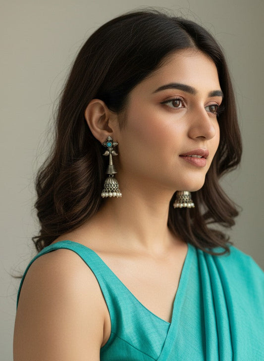 Silver Oxidized Boho Floral Jhumka Earrings with Aqua Stone and Pearl Drops for Women - All Occasions