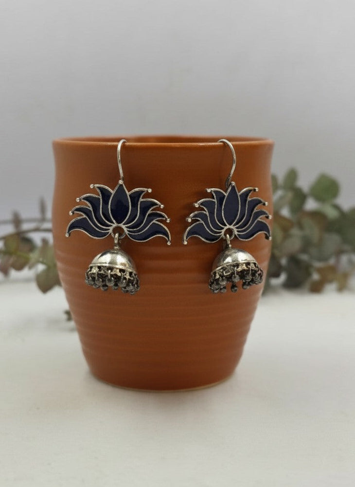 Silver Oxidized Bold Blue Lotus Inspired Jhumka Hook Earrings for Women - All Occasions
