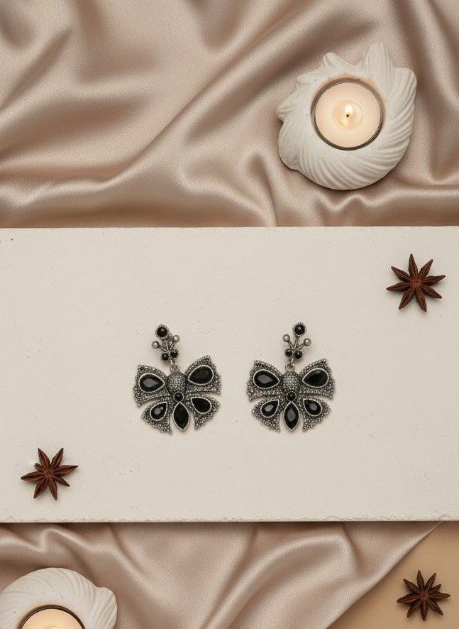 Silver Oxidized Butterfly with Stone Embellishment Statement Earrings for Women - All Occasion Wear