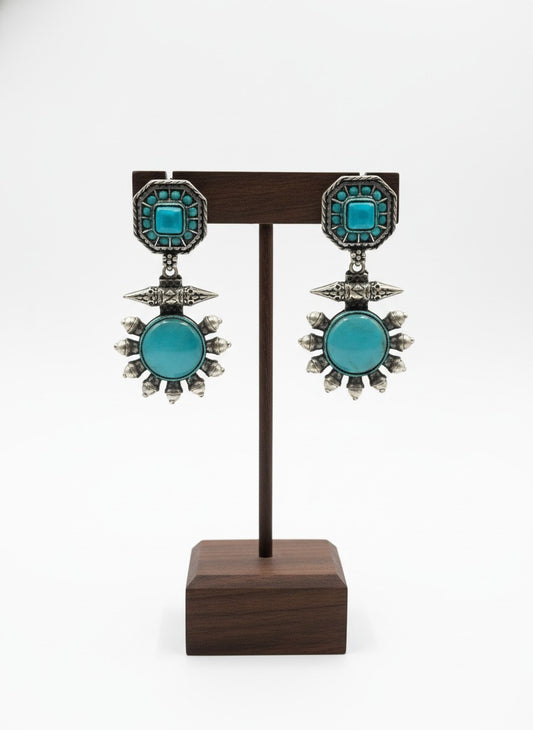 Silver Oxidized Drop Earrings with Monalisa Stone & Pearls for Women - All Occasion Wear
