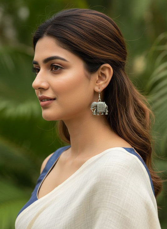 Silver Oxidized Elephant Motif Drop Hook Earrings for Women - All Occasions Wear