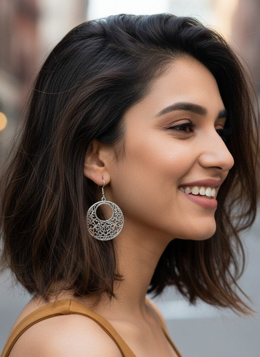 Silver Oxidized Filigree Circle Drop Hook Earrings for Women - All Occasions