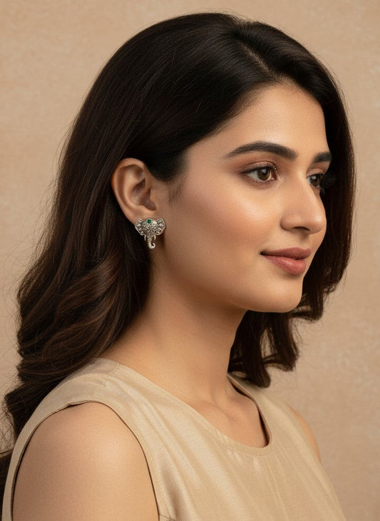 Silver Oxidized Filigree Elephant Stud Earrings with Green Stone Accent for Women - Everyday Wear