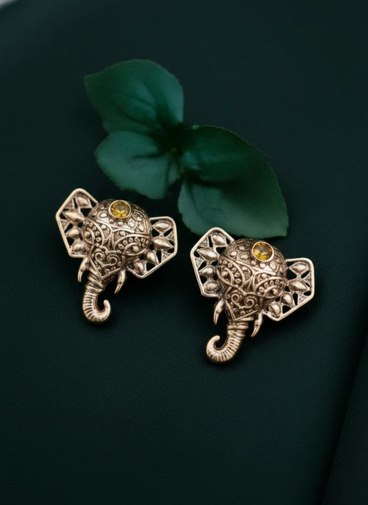 Silver Oxidized Filigree Elephant Stud Earrings with Yellow Stone Accent for Women - Everyday Wear