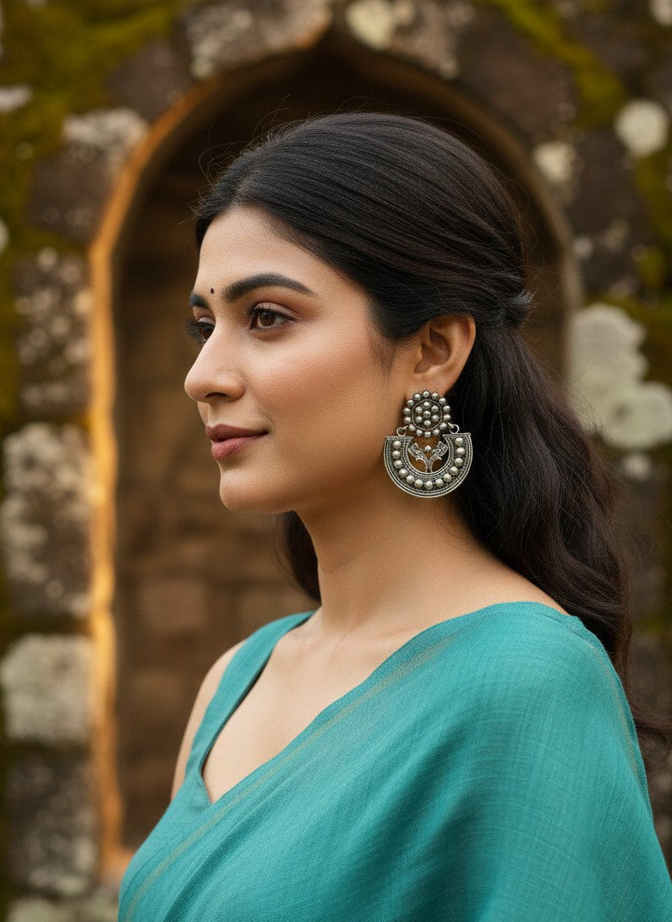Silver Oxidized Floral Chandbali Earrings with Silver Beads detailing for Women - Special Occasions