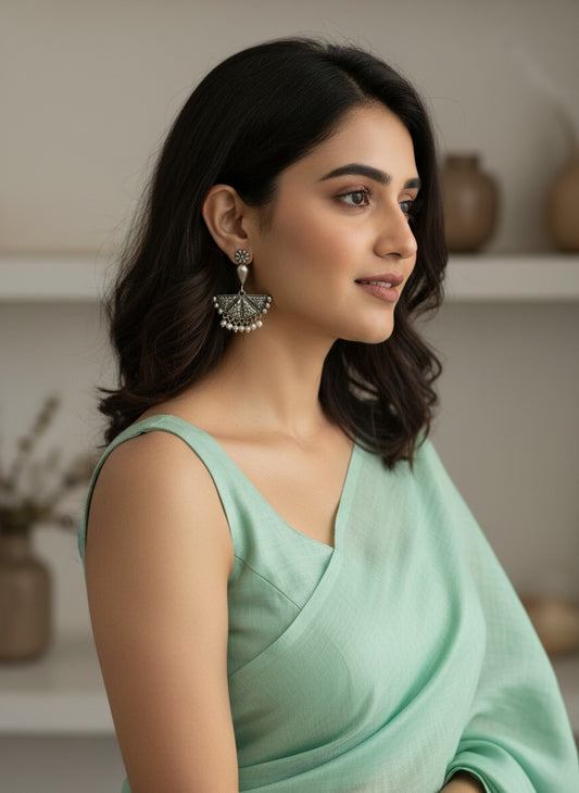 Model wearing Silver Oxidized Floral Fan Earrings with Pearl Drops for Women - All Occasions