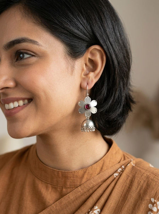 Silver Oxidized Floral Jhumka Earrings with Maroon Stone for Women - Ethnic Everyday Wear