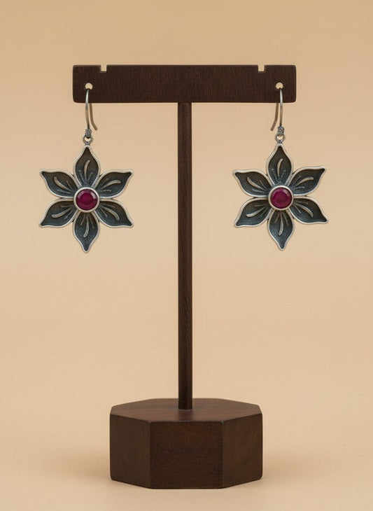 On a display stand Silver Oxidized Floral Stone Hook Earrings for Women - Everyday Wear