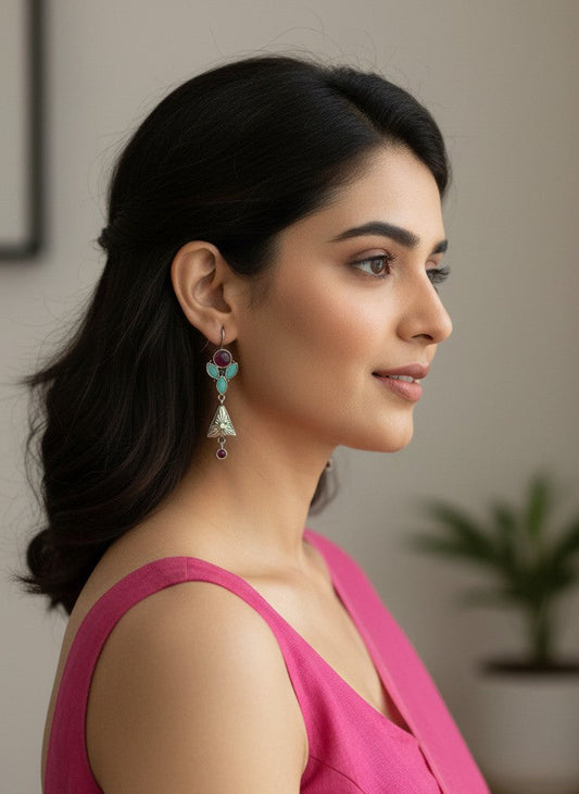 Silver Oxidized Floral Triangle Dangler Earrings with Ruby & Light Blue Stones for Women - Occasion Wear