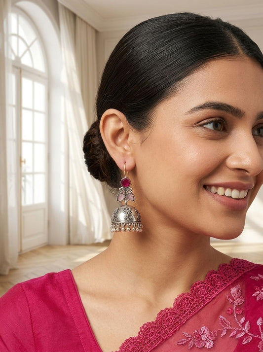 Silver Oxidized Handcrafted Floral Jhumka Earrings with Ruby Red & Pink Stones for Women – Ethnic Wear