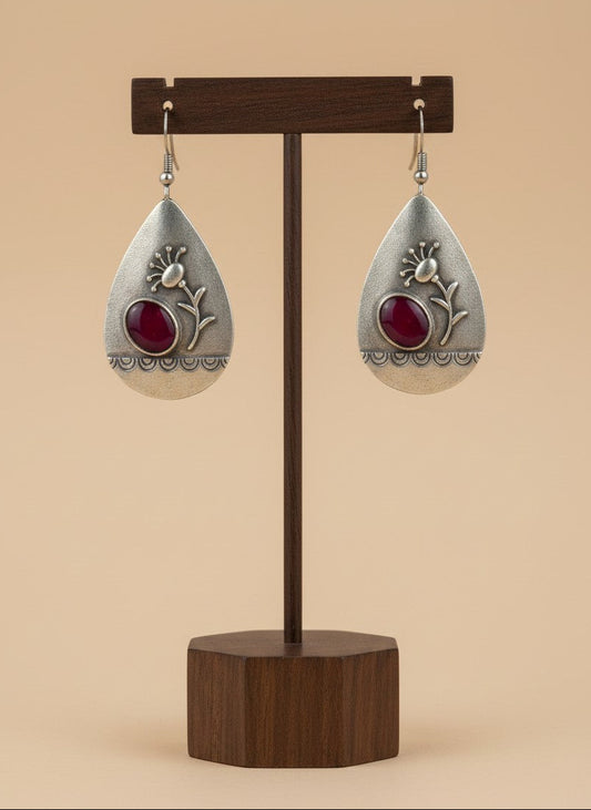 Silver Oxidized Handcrafted Floral Teardrop Hook Earrings with Pink Stone Accent for Women - Everyday Wear