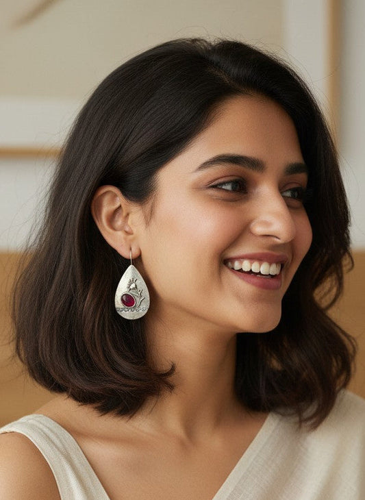 Silver Oxidized Handcrafted Floral Teardrop Hook Earrings with Pink Stone Accent for Women - Everyday Wear