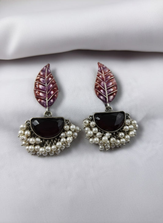 Silver Oxidized Handpainted Leaf & Maroon Monalisa Stone Earrings for Women - Festive Wear