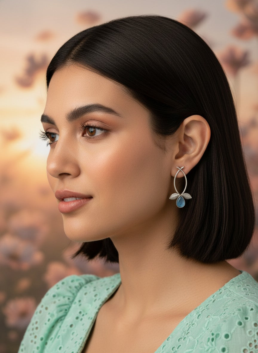 Silver Oxidized Leaf Design Earrings with Mint Stone Drop for Women - All Occasions Wear